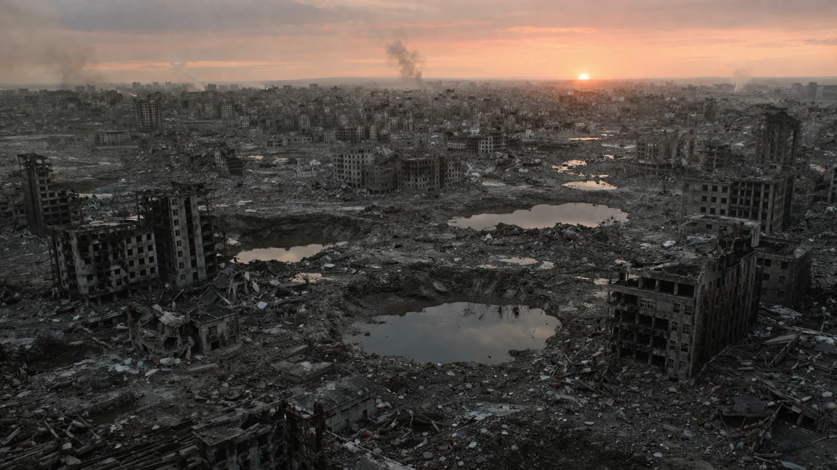 Rozległe ruiny miasta zniszczonego w wyniku długotrwałych działań wojennych, z lejami po wybuchach i wypalonymi budynkami na tle zachodu słońca
