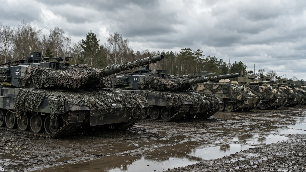 Nowoczesne czołgi ustawione w rzędzie na błotnistym terenie, przygotowane do działań bojowych