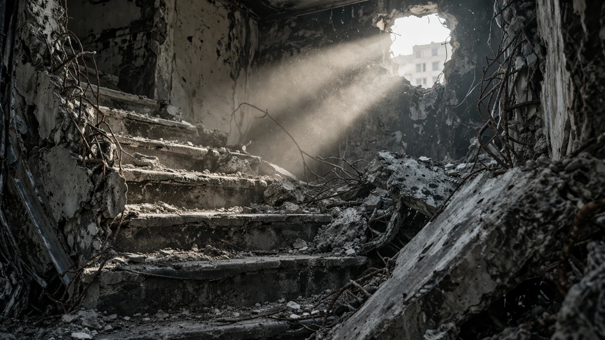 Zrujnowane wnętrze budynku ze schodami, gruzem i światłem wpadającym przez wyrwę w ścianie