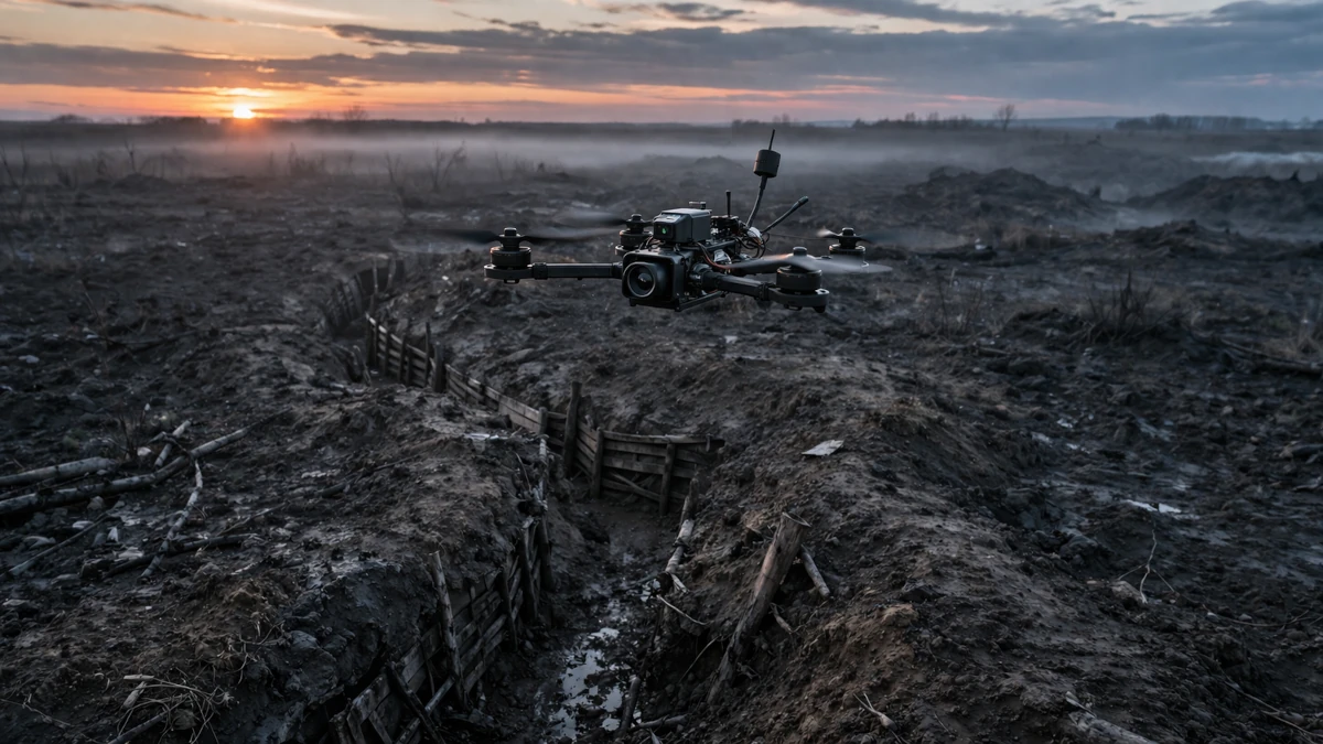 Dron rozpoznawczy unoszący się nad systemem okopów na zniszczonym polu walki o świcie