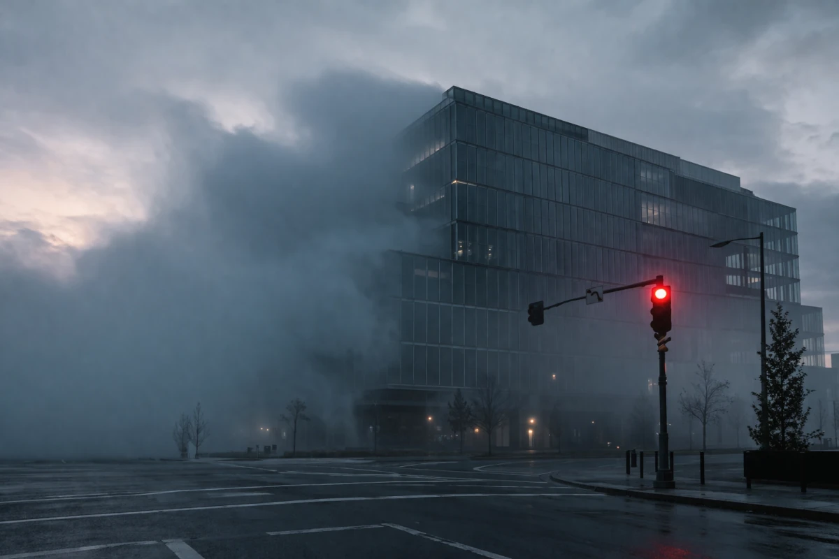 Zamglona przestrzeń miejska z czerwonym światłem jako metafora dezorientacji i niepewności w erze postprawdy