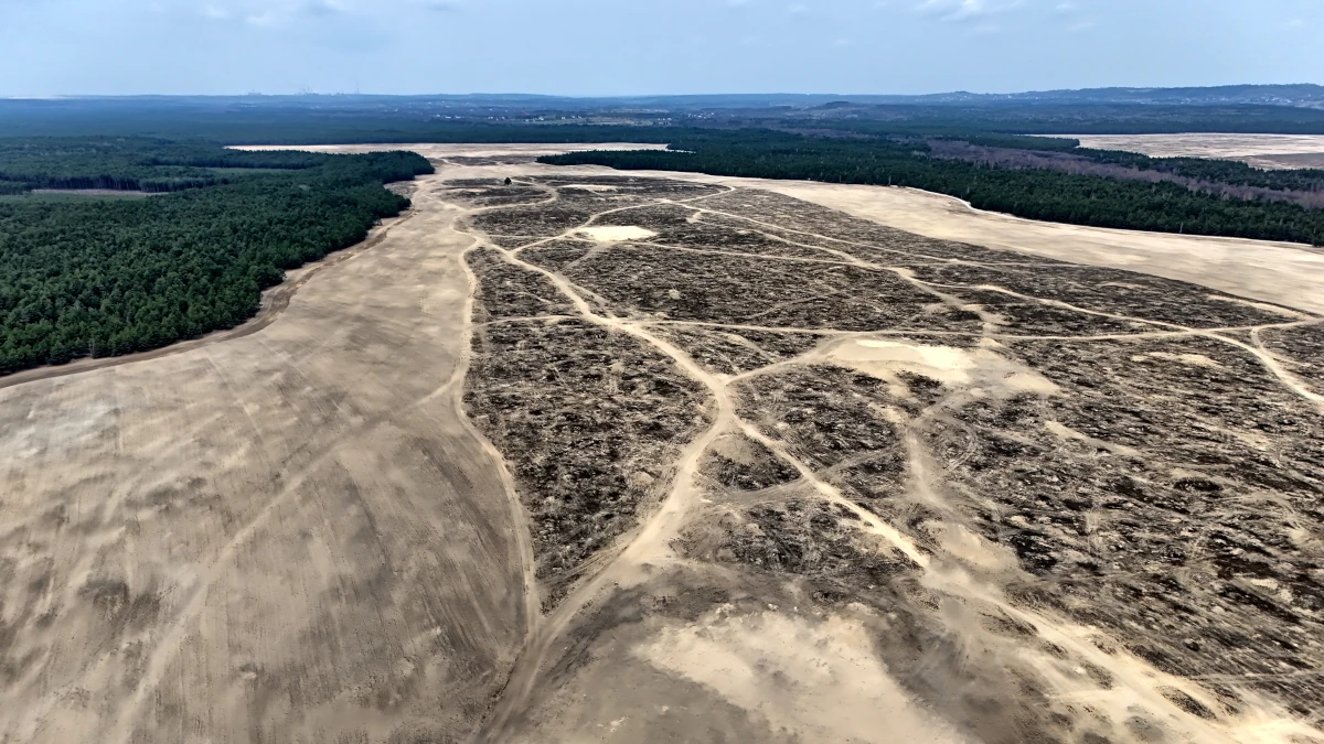 Pustynia Błędowska – rozległe piaski i ślady erozji widziane z lotu ptaka