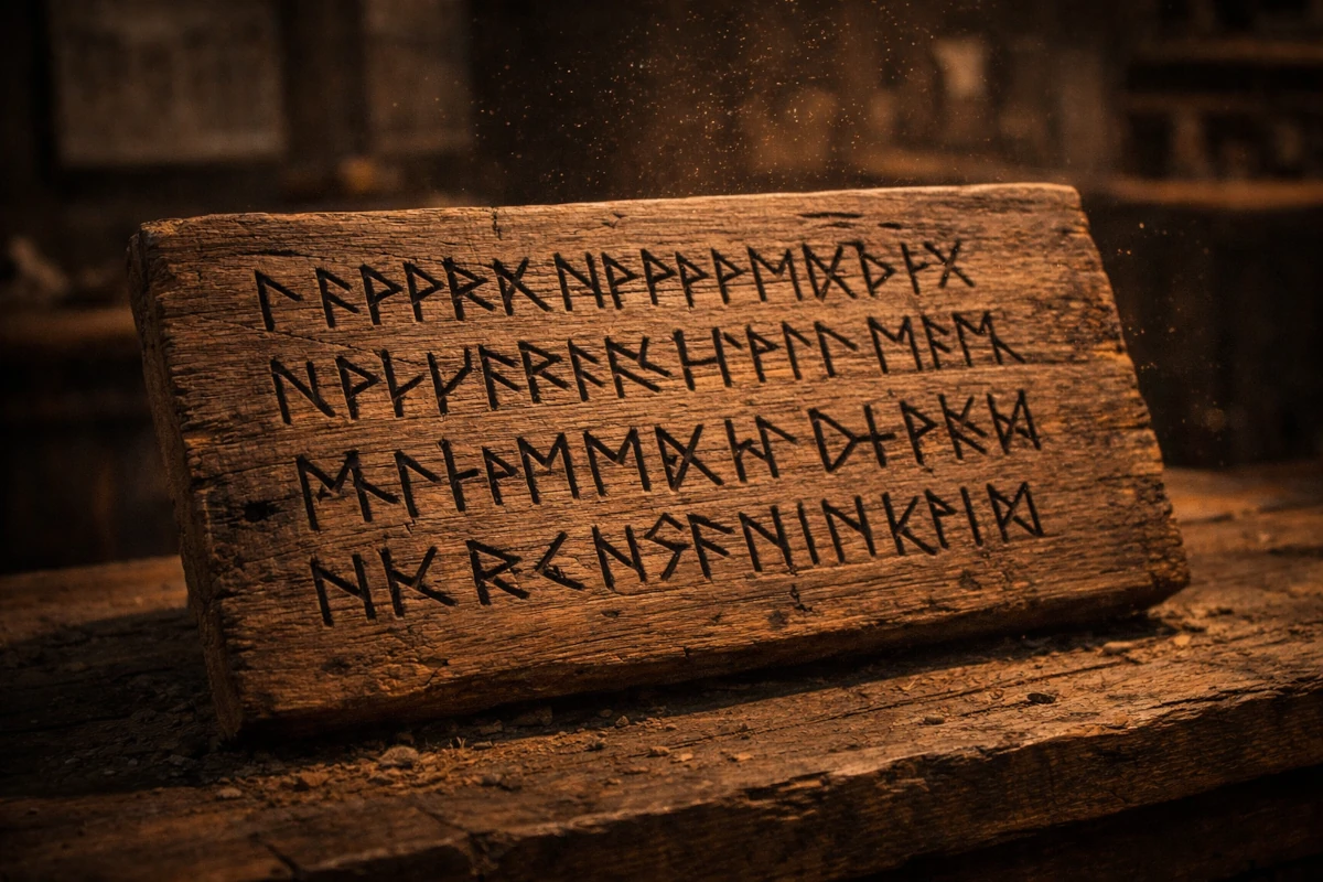 Drewniana tabliczka z wyrytymi runami w stylizowanym, historycznym klimacie