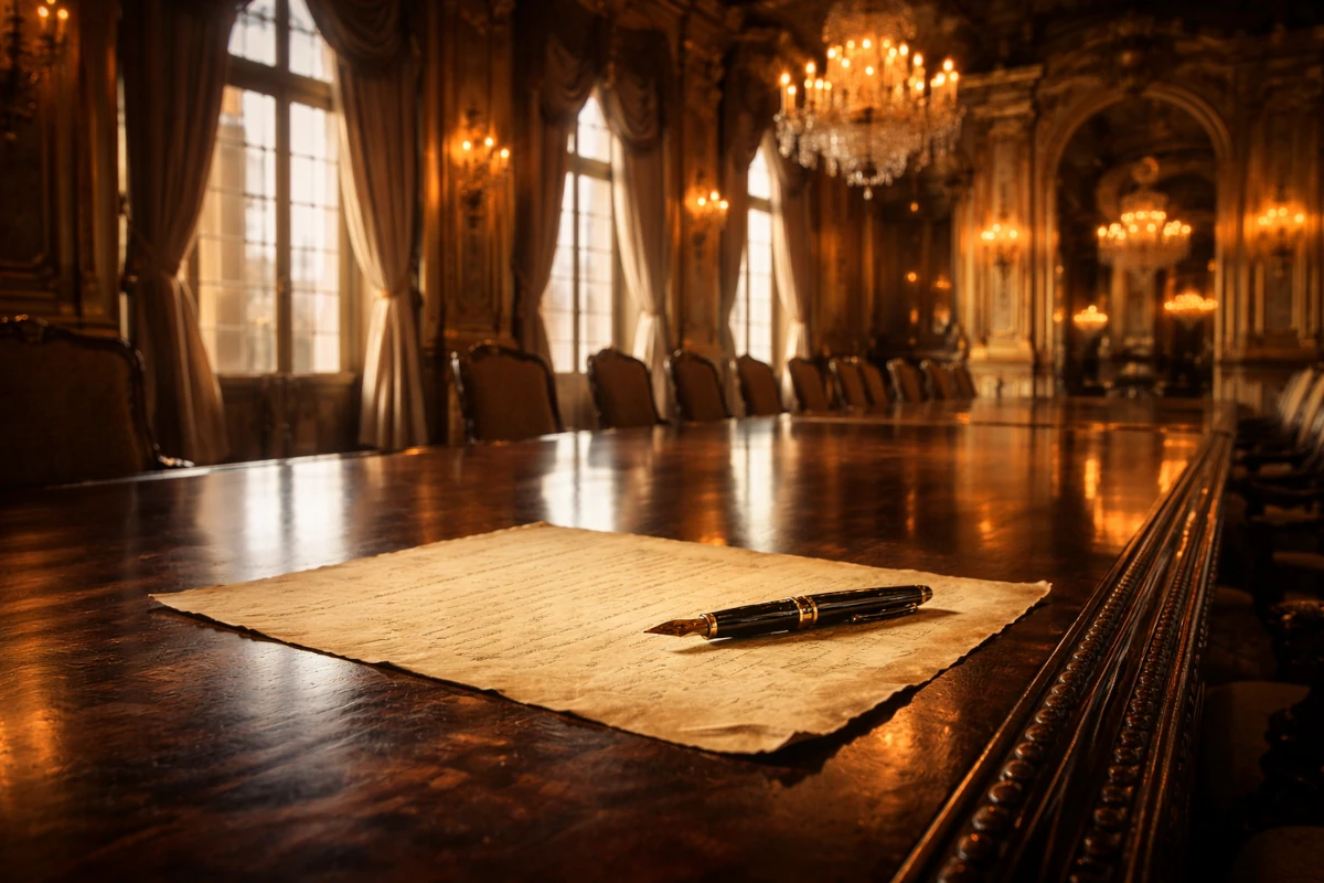 Dokument na stole w reprezentacyjnej sali – symbol podpisania traktatu w Trianon