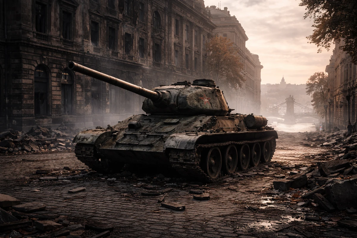 Sowiecki czołg na zniszczonej ulicy miasta – symbol interwencji zbrojnej