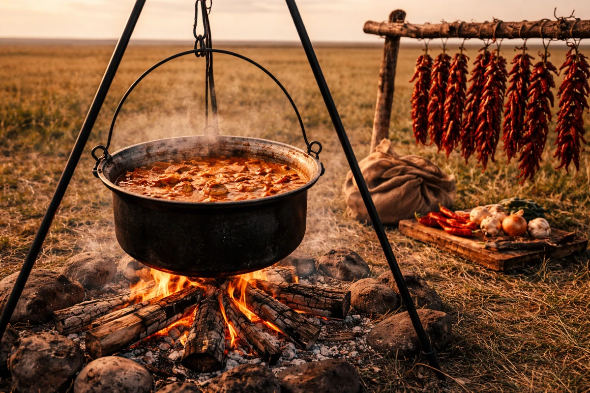 Gulasz gotowany w kociołku nad ogniskiem na otwartej przestrzeni