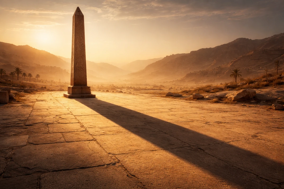 Obelisk rzucający długi cień na kamienną posadzkę w pustynnym krajobrazie o zachodzie słońca – symbol pierwszego pomiaru czasu
