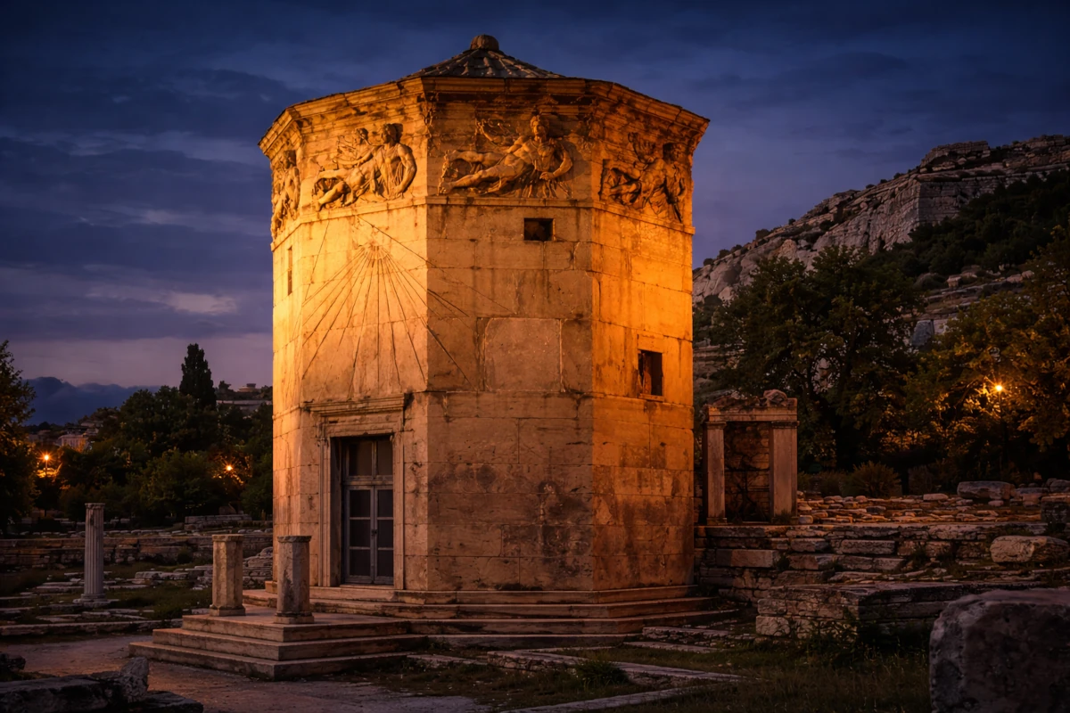 Ośmiokątna Wieża Wiatrów w Atenach z widocznym zegarem słonecznym i reliefami, oświetlona ciepłym światłem o zmierzchu
