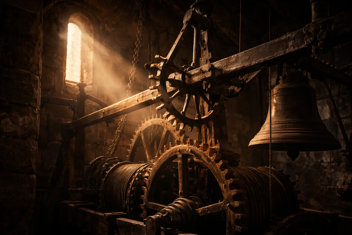Średniowieczny mechanizm zegarowy z kołami zębatymi i dzwonem, oświetlony promieniem światła wpadającym przez wąskie okno