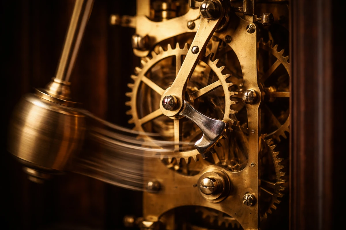 Mechanizm zegara z wahadłem w ruchu, z widocznymi kołami zębatymi i elementem wychwytu, uchwycony w rozmyciu ruchu