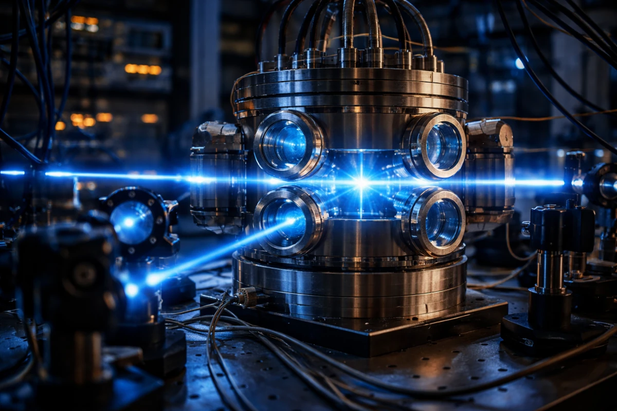 Nowoczesny zegar atomowy w laboratorium, z niebieskimi wiązkami laserów przechodzącymi przez precyzyjną komorę próżniową