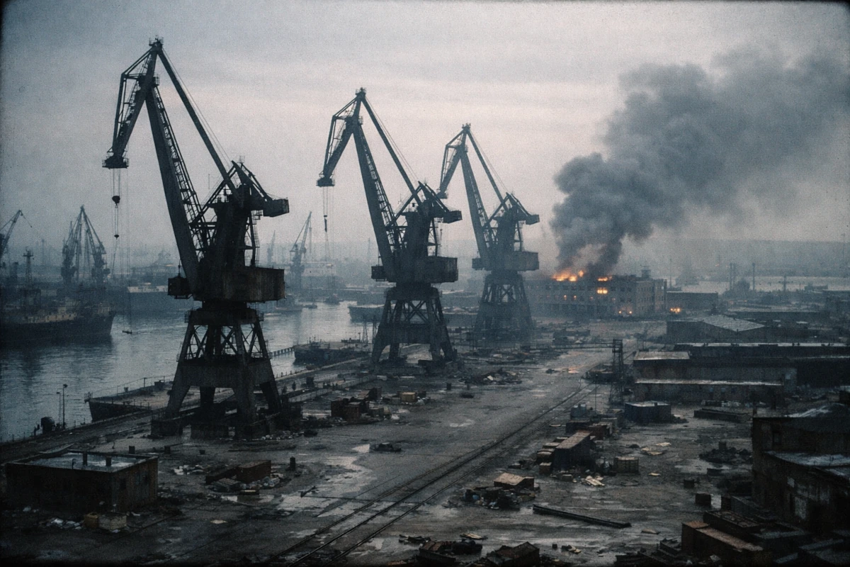 Stocznia Gdańska w czasie wydarzeń Grudnia 1970 – dźwigi portowe i pożar w tle