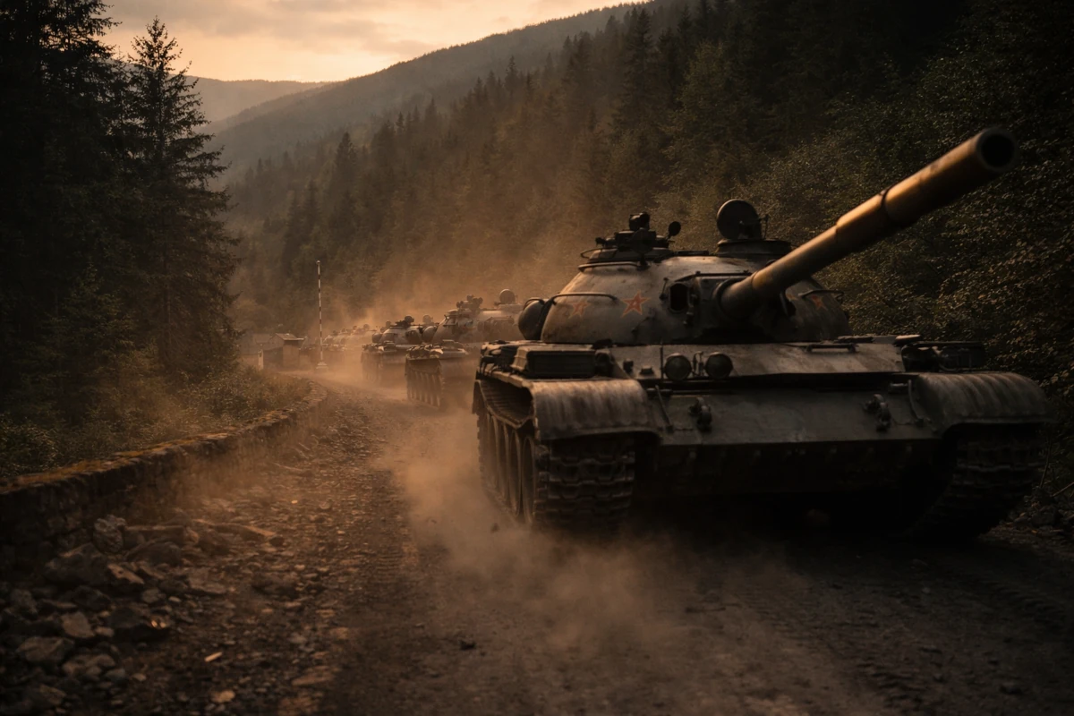 Sowieckie czołgi podczas Operacji Dunaj – interwencja wojsk Układu Warszawskiego w 1968 roku