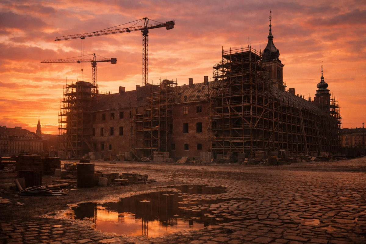 Odbudowa Zamku Królewskiego w Warszawie w latach 70. – rusztowania i żurawie na tle zachodu słońca