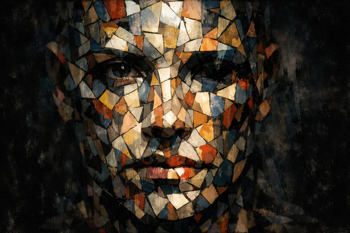 Twarz przedstawiona jako mozaika geometrycznych fragmentów – symbol trudności w rozpoznawaniu twarzy (prozopagnozja)
