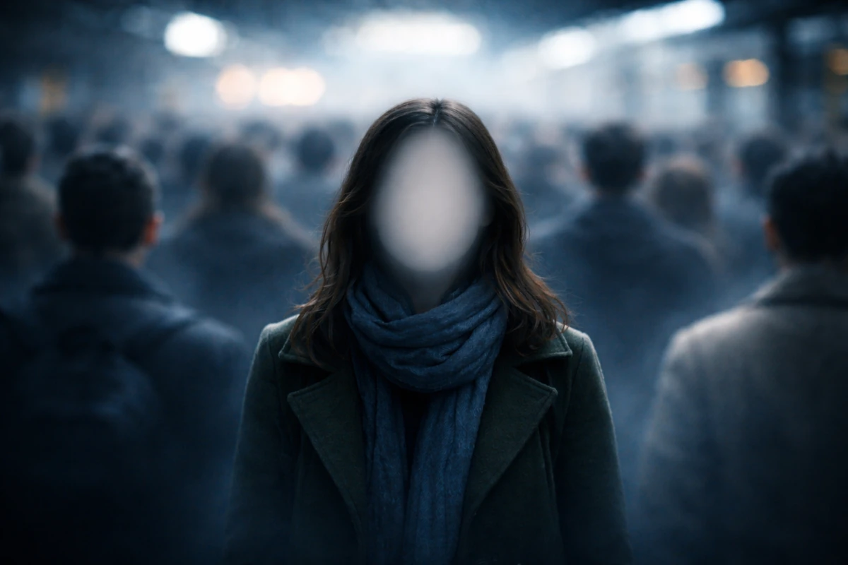Postać z niewidoczną twarzą w tłumie – wizualna metafora prozopagnozji
