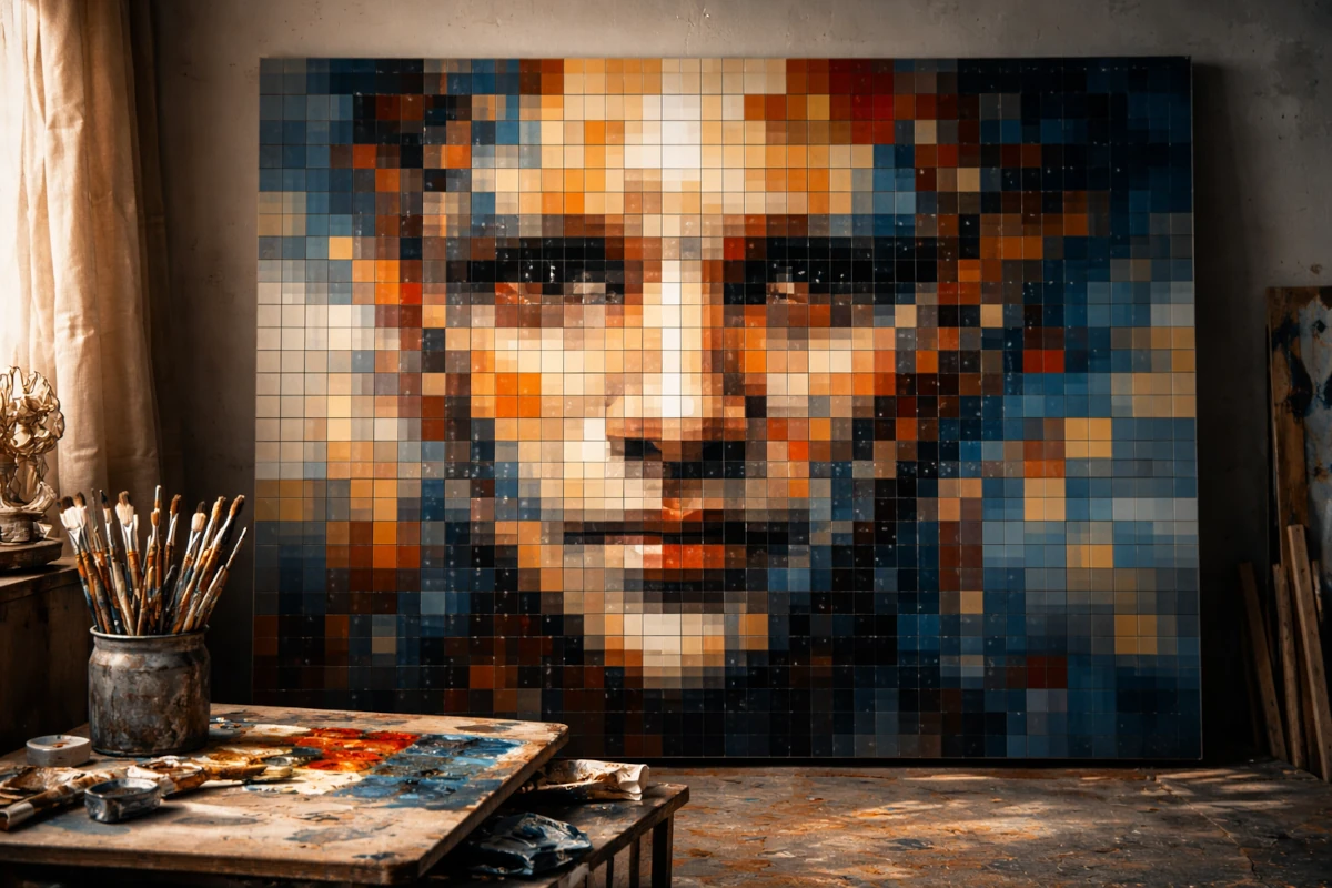 Obraz twarzy złożony z pikselowych kwadratów w pracowni artystycznej – wizualna metafora rozpoznawania twarzy