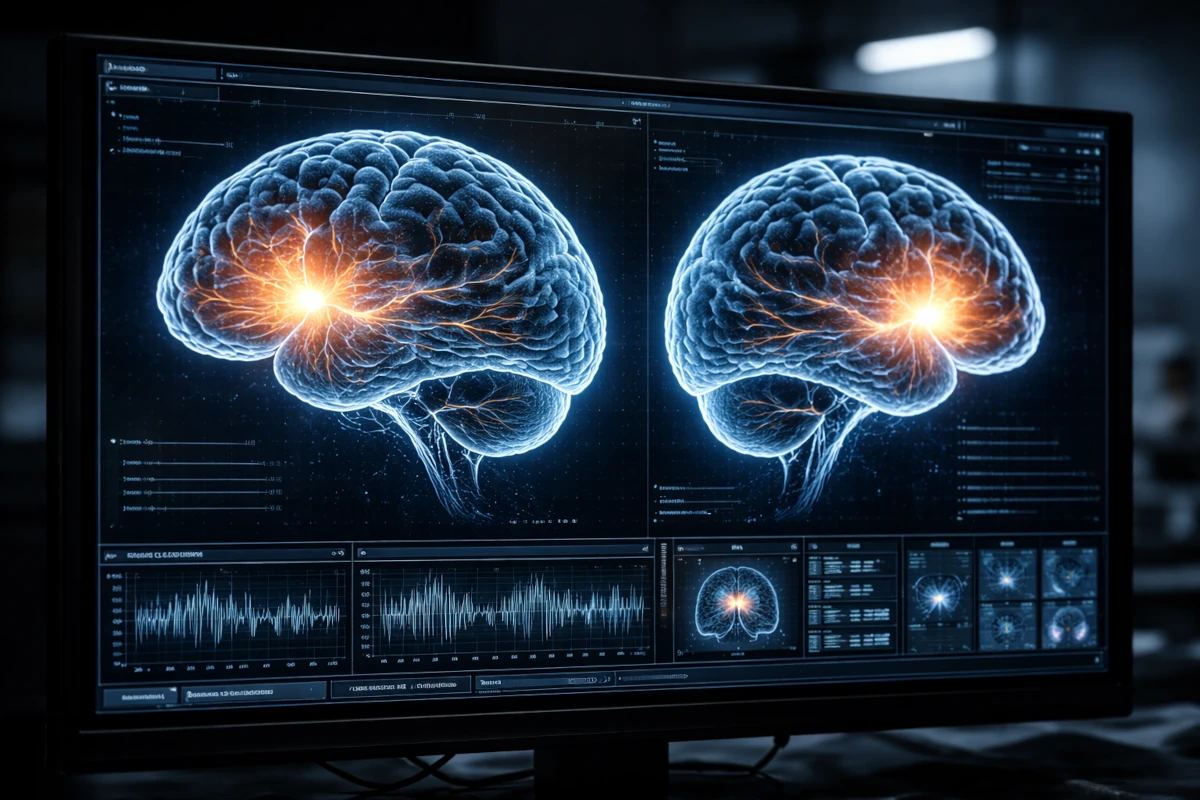 Wizualizacja pracy mózgu z aktywnymi obszarami odpowiedzialnymi za rozpoznawanie twarzy