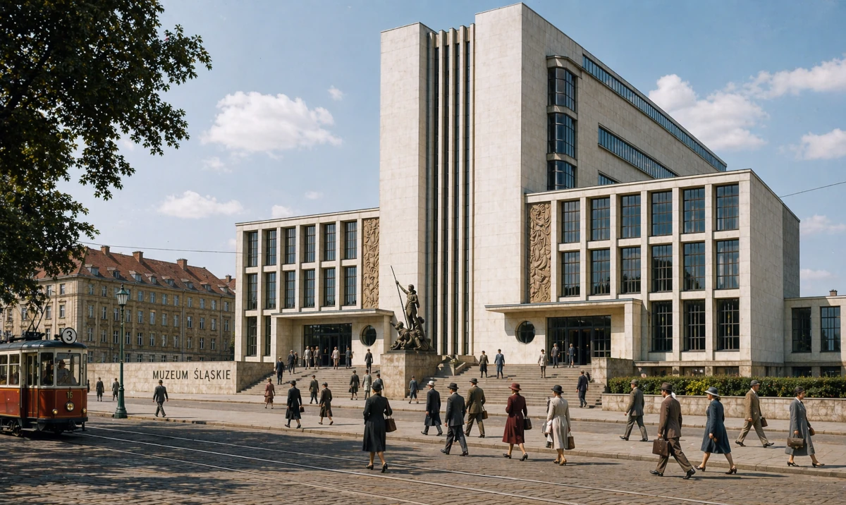 Muzeum Śląskie w Katowicach w 1939 roku – modernistyczny budynek i życie miejskie przed II wojną światową (rekonstrukcja artystyczna)