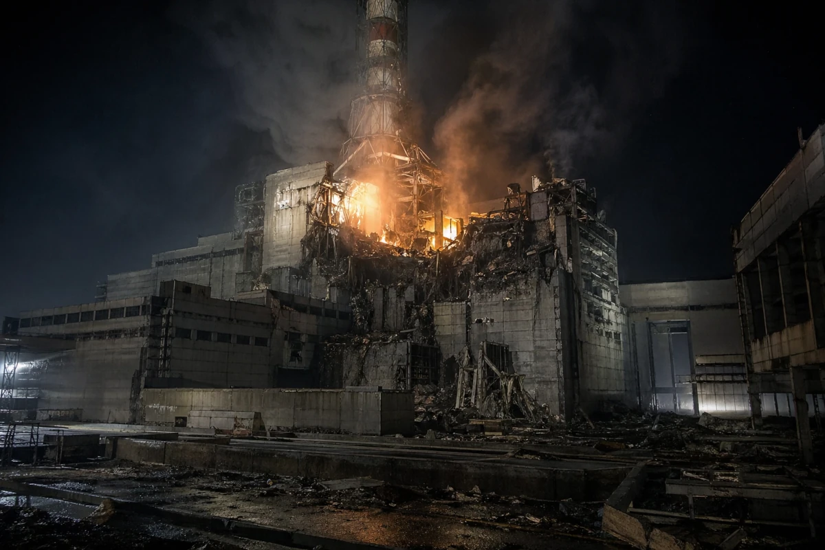 Zniszczony reaktor elektrowni jądrowej w Czarnobylu podczas katastrofy – nocna scena z płomieniami i dymem
