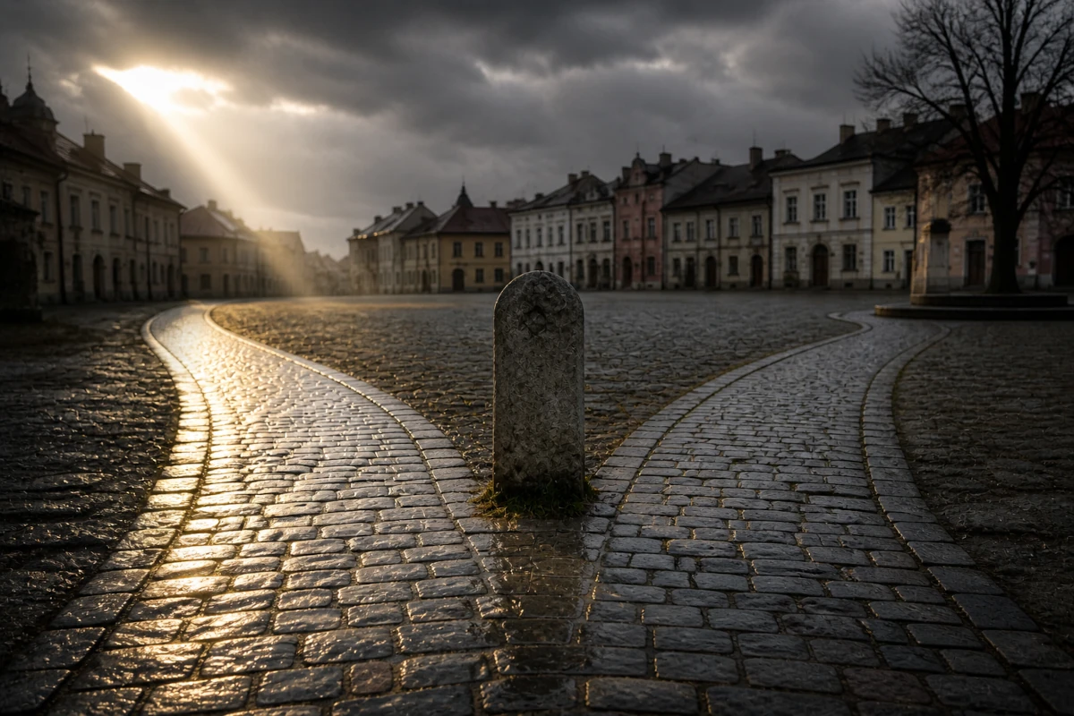 Rozchodzące się brukowane drogi na pustym placu jako symbol wyboru kierunku państwa i decyzji podejmowanej w referendum