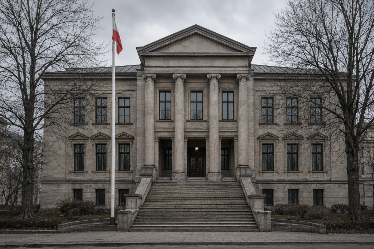 Budynek sądu z polską flagą pod pochmurnym niebem