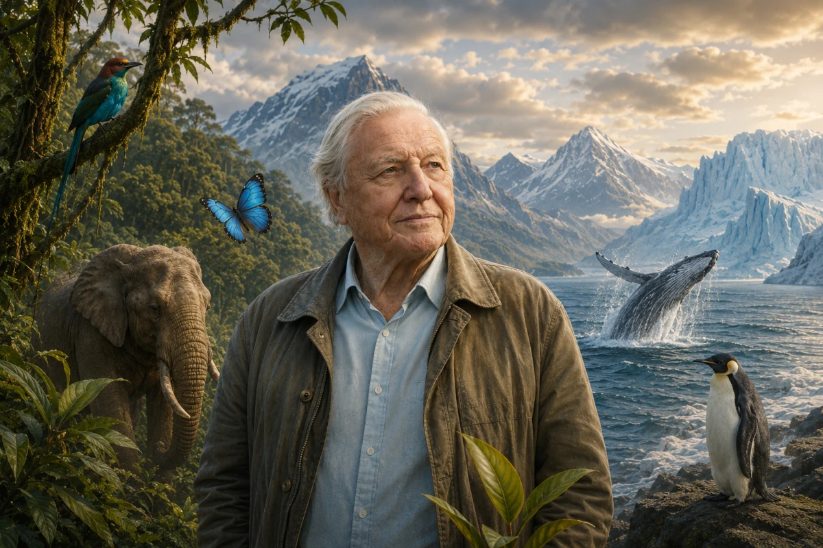 David Attenborough otoczony symbolami różnorodnej przyrody świata – lasem tropikalnym, górami, lodowcem, oceanem oraz zwierzętami różnych ekosystemów
