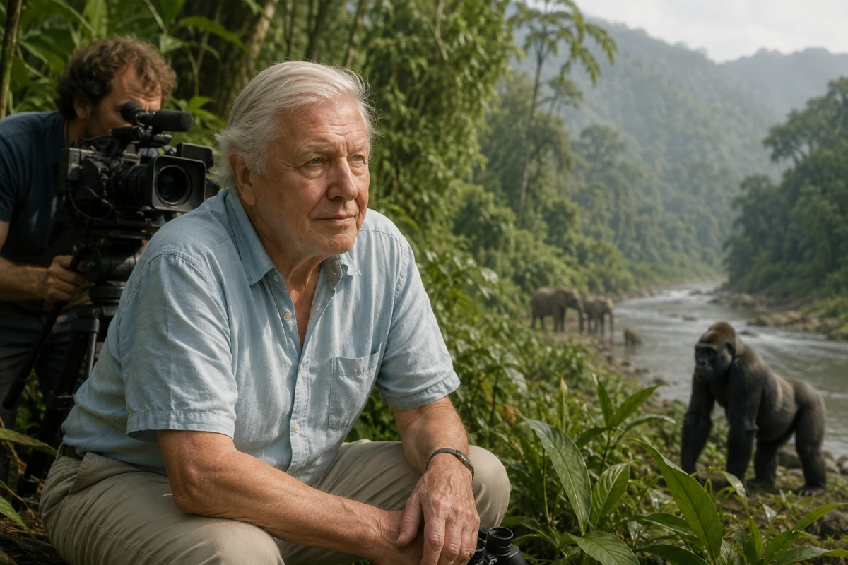 David Attenborough podczas pracy nad filmem przyrodniczym w tropikalnym lesie, w otoczeniu dzikiej przyrody i ekipy filmowej