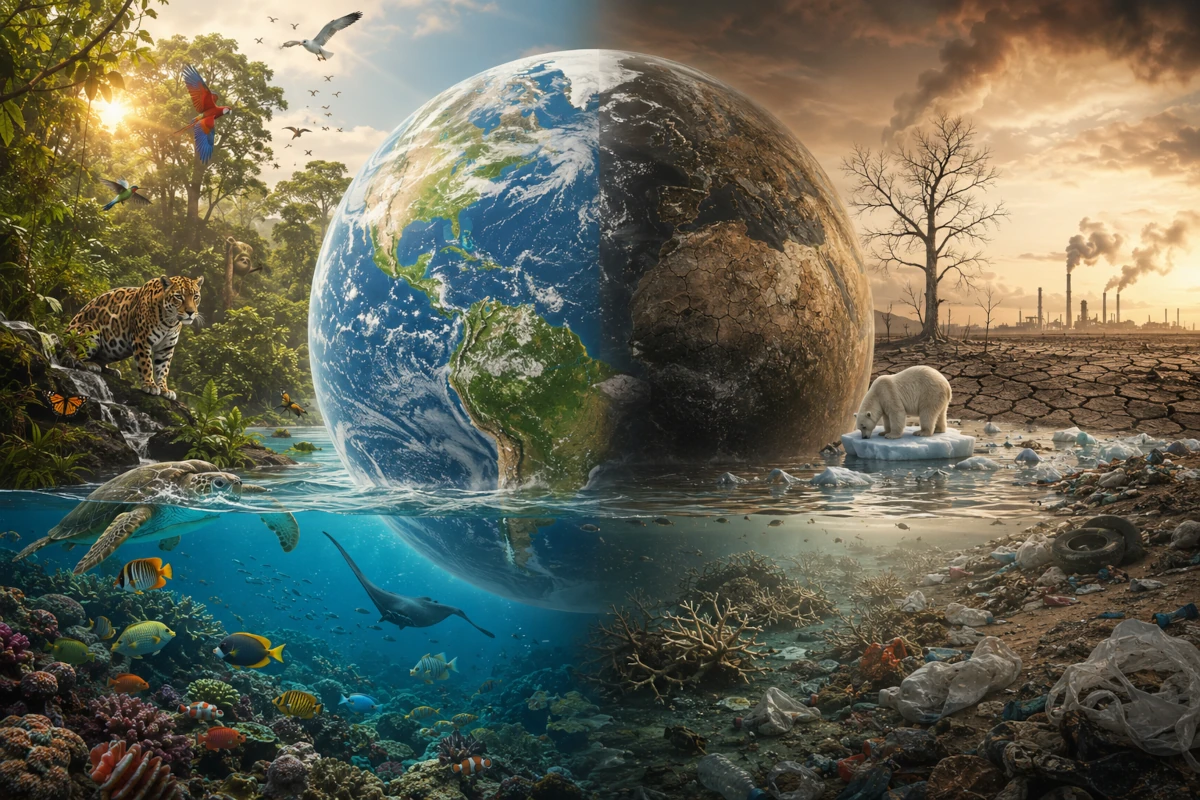 Symboliczna ilustracja Ziemi ukazująca kontrast między bogatą przyrodą a kryzysem środowiskowym – od zachwytu naturą do alarmu klimatycznego