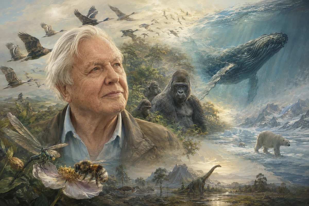 David Attenborough przedstawiony na tle różnorodnych ekosystemów i zwierząt świata – symbol jego opowieści o życiu na Ziemi