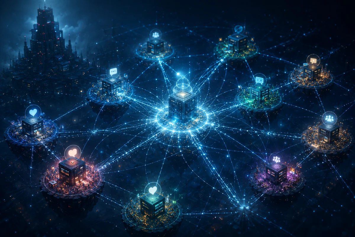 Sieć połączonych niezależnych serwerów symbolizujących zdecentralizowane media społecznościowe i alternatywę wobec platform korporacyjnych
