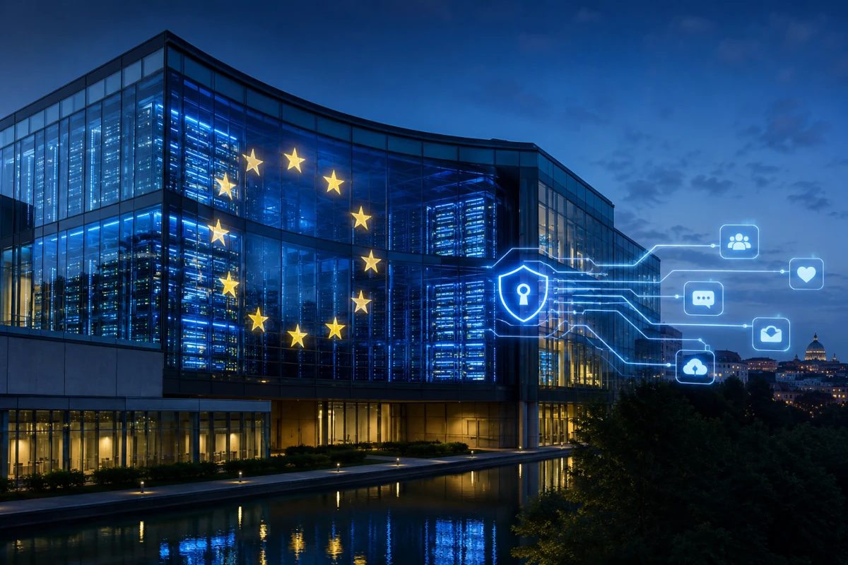 Europejskie centrum danych i instytucjonalna infrastruktura cyfrowa symbolizujące suwerenność cyfrową Unii Europejskiej