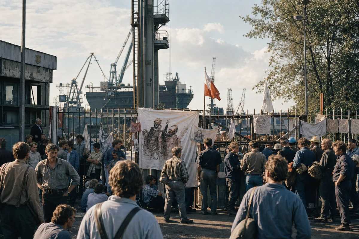 Brama Stoczni Gdańskiej w sierpniu 1980 roku podczas strajków Solidarności, robotnicy i transparenty nad wejściem do stoczni
