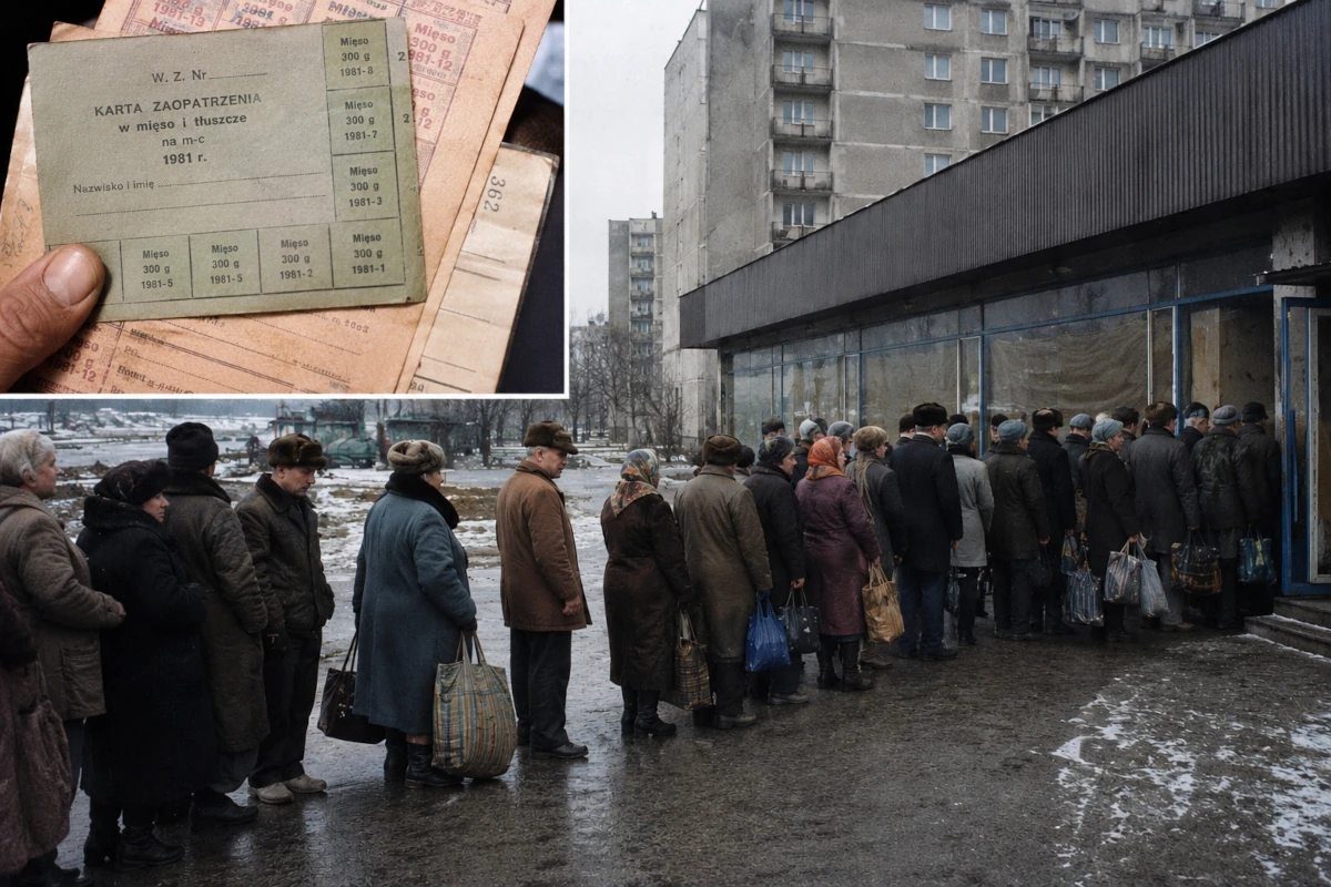 Kartki na mięso i długa kolejka przed sklepem spożywczym w PRL lat 80.