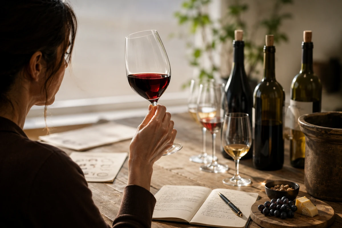 Degustacja wina – obserwacja koloru i aromatów podczas spokojnej analizy kieliszka