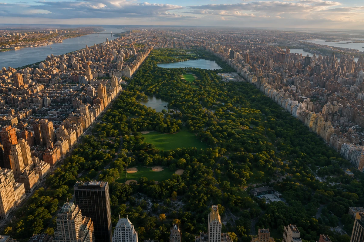 Central Park widziany z lotu ptaka pośród gęstej zabudowy Manhattanu
