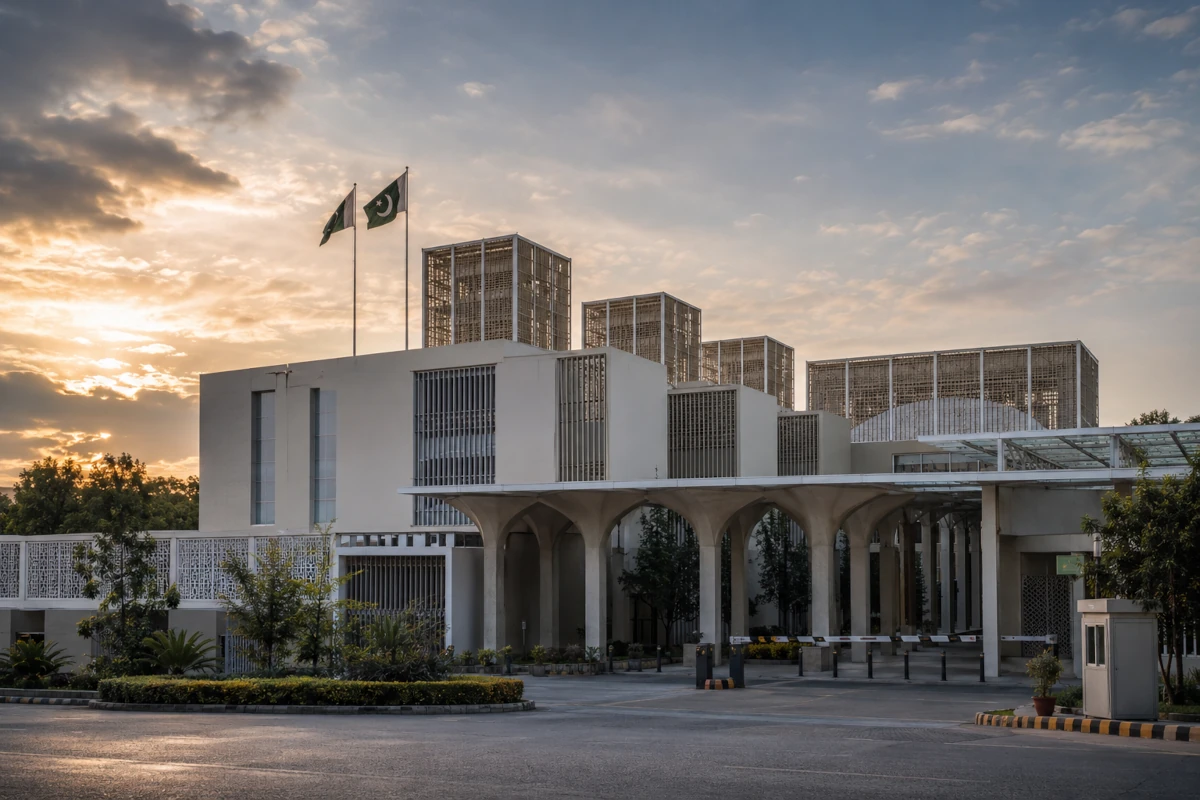 Gmach sądu w Islamabadzie o świcie z flagą Pakistanu na tle spokojnego nieba
