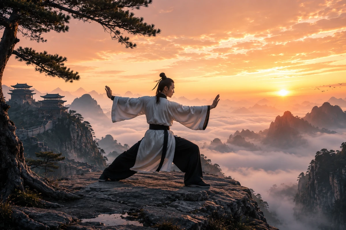 Mistrz kung-fu w czarno-białych szatach ćwiczący na skalnym urwisku o wschodzie słońca nad górami Chin

