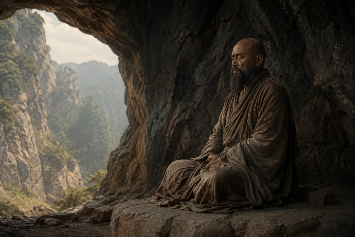 Bodhidharma medytujący w górskiej jaskini niedaleko klasztoru Shaolin