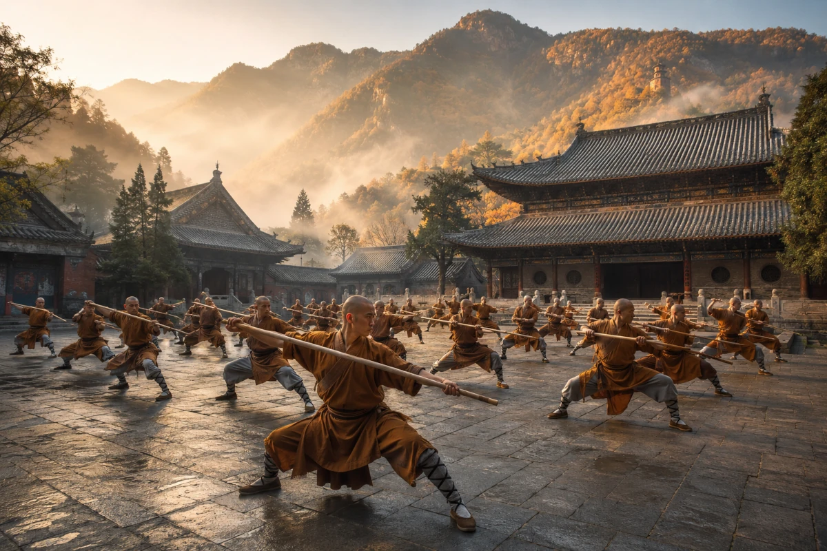 Mnisi Shaolin ćwiczący z kijami na dziedzińcu klasztoru w porannym świetle
