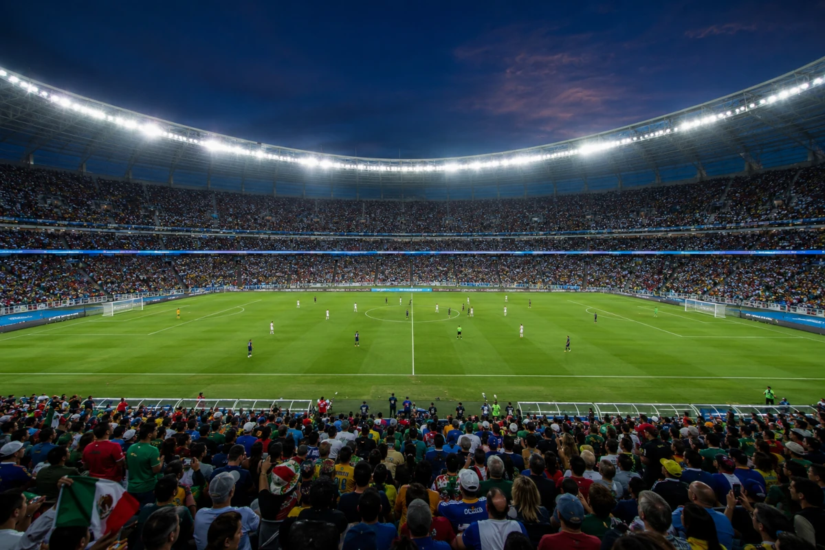 Stadion piłkarski w blasku jupiterów w trakcie wieczornego meczu