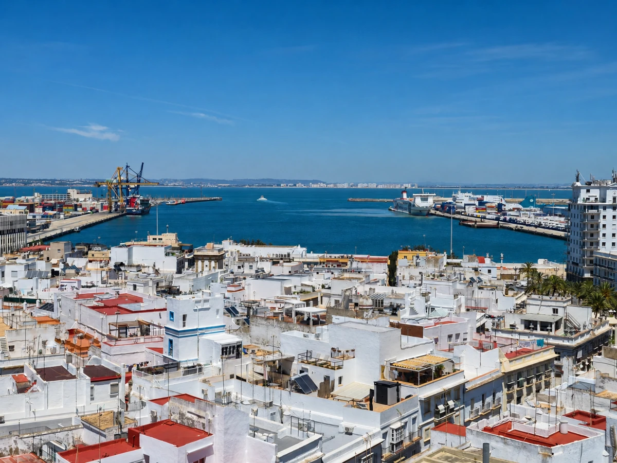 Widok z Torre Tavira na port w Kadyksie, białą zabudowę miasta, nabrzeża portowe i zatokę w tle