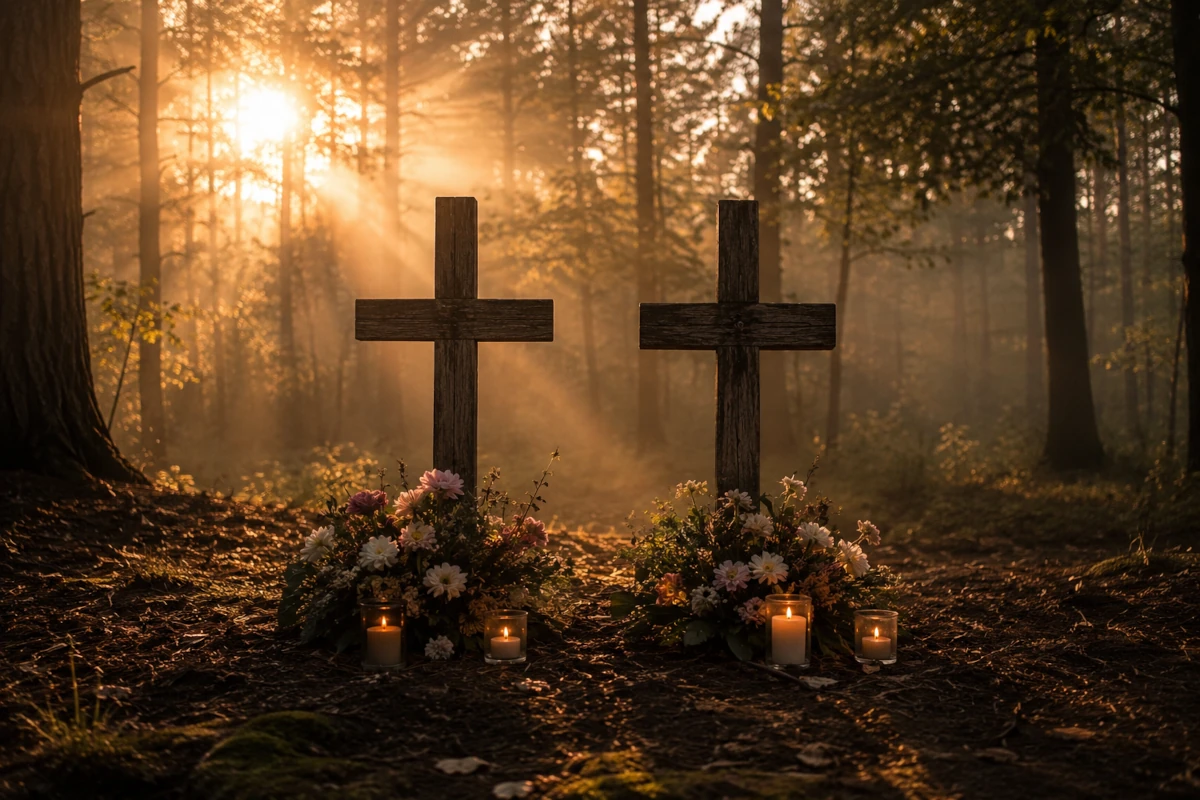 Dwa drewniane krzyże na leśnym cmentarzu symbolizujące pamięć i pojednanie