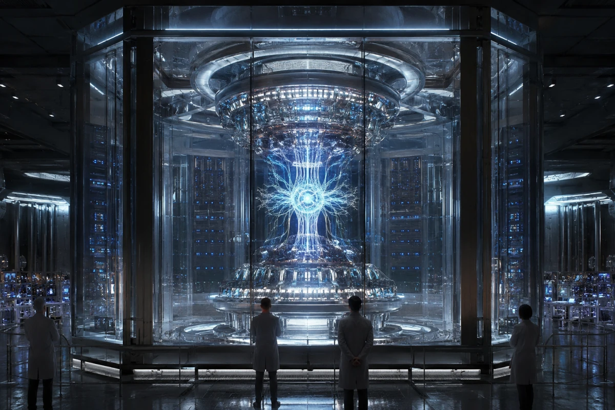 Futurystyczny system sztucznej inteligencji zamknięty za przezroczystą barierą bezpieczeństwa
