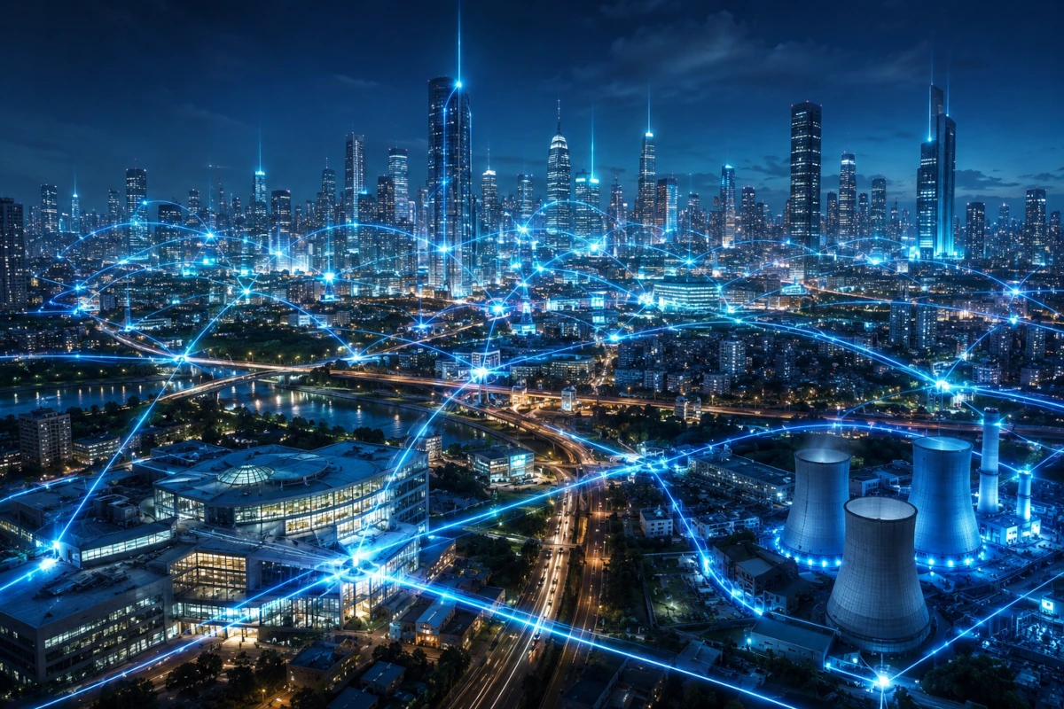 Futurystyczne miasto korzystające z infrastruktury wspieranej przez sztuczną inteligencję