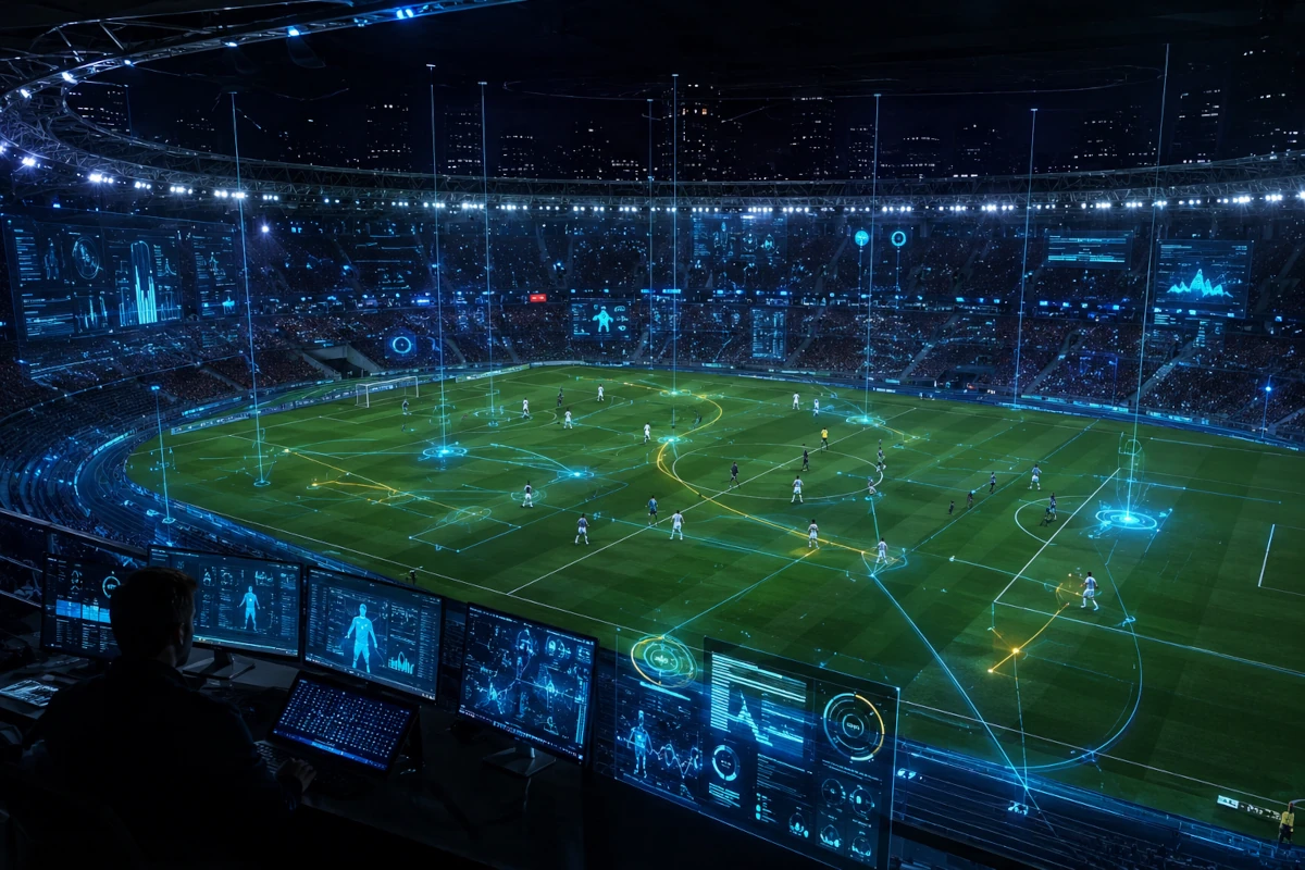 Nowoczesny stadion piłkarski otoczony warstwą danych, czujników i analiz cyfrowych
