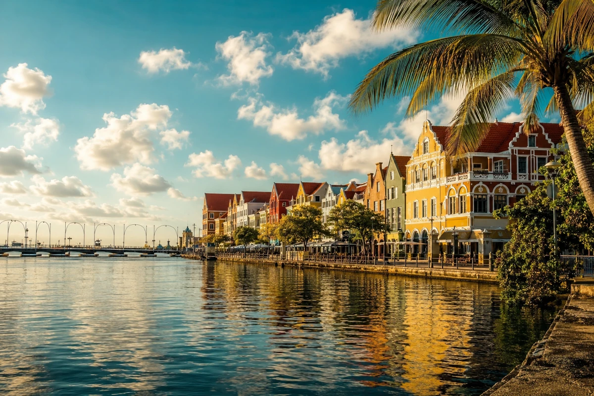Kolorowe kolonialne kamienice nabrzeża Handelskade w Willemstad na Curaçao
