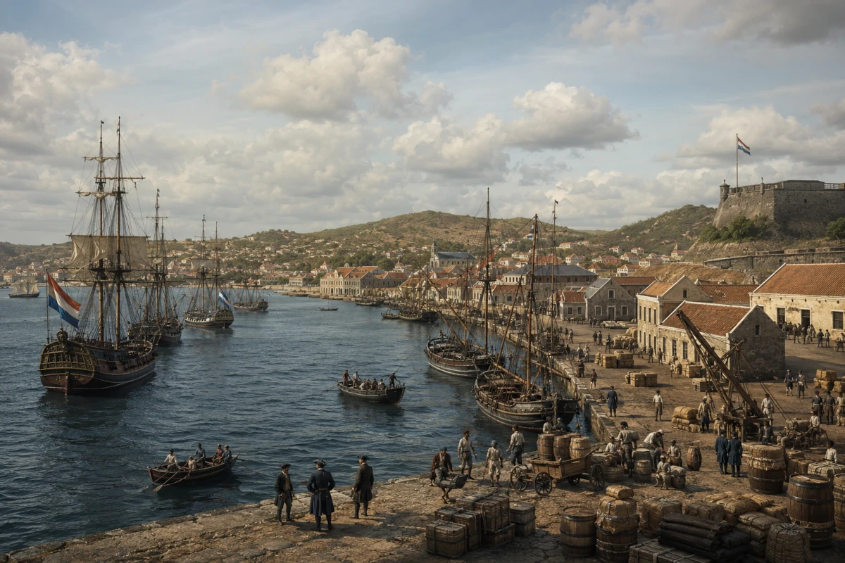 Historyczny port Willemstad w czasach holenderskiej Kompanii Zachodnioindyjskiej