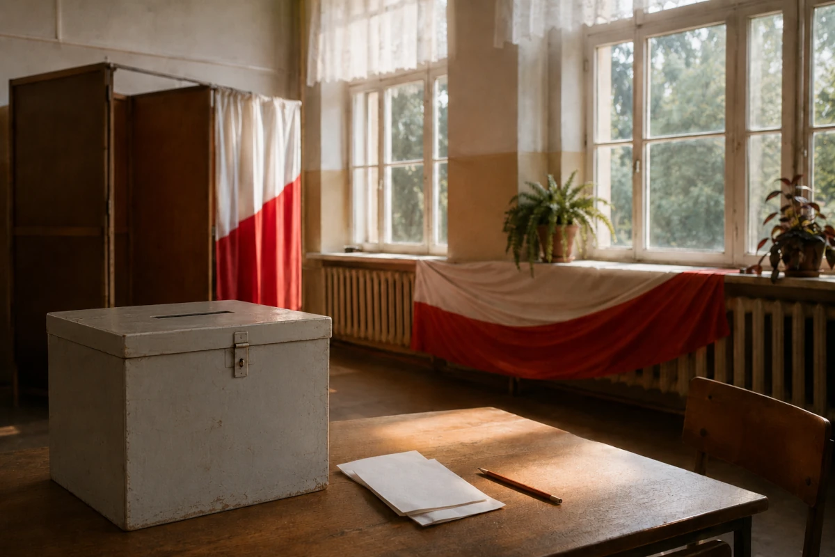Lokal wyborczy z urną i kartami do głosowania w czerwcu 1989 roku