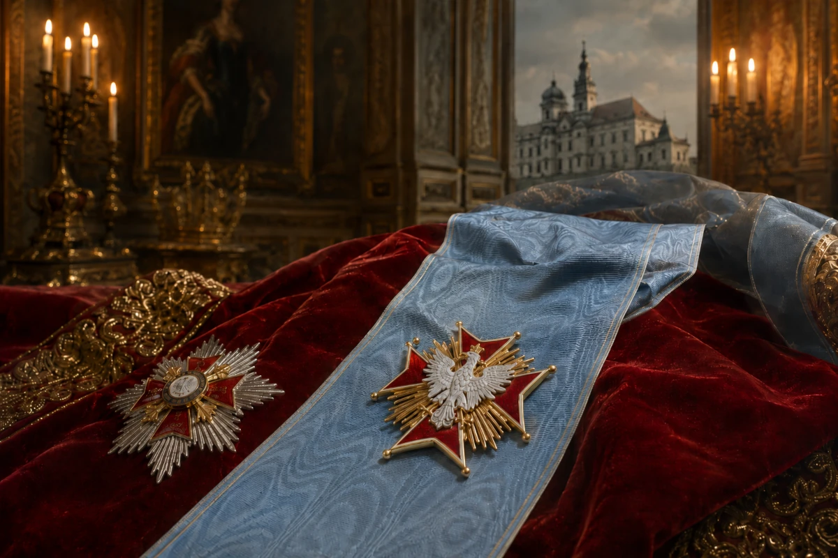 Order Orła Białego na błękitnej wstędze ułożony na czerwonym aksamicie w historycznym wnętrzu
